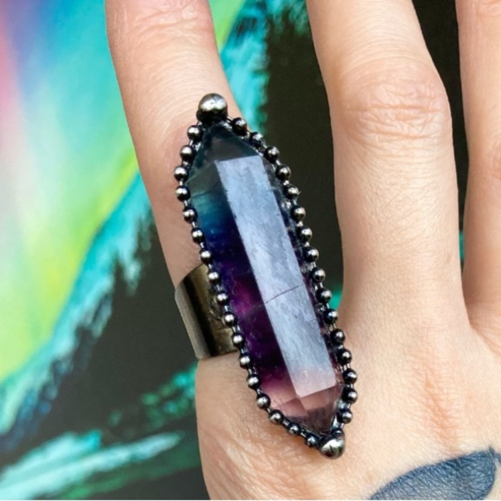 Natural dark green purple fluorite gemstone adjustable ring boho goth stones